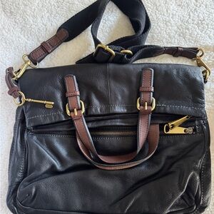 Fossil Black w/ brown leather bag